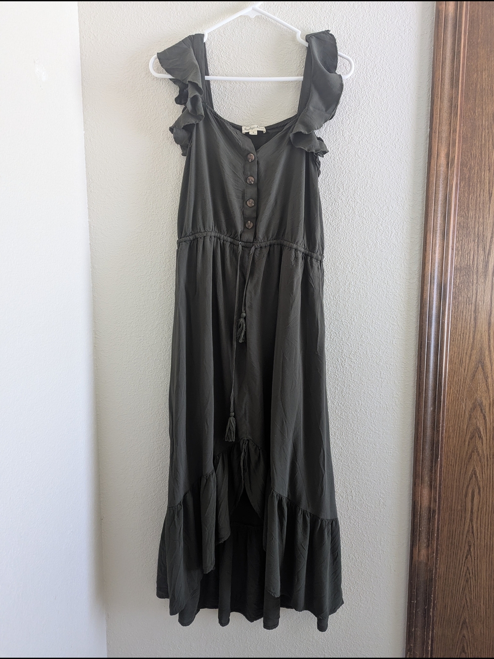 Ruffled Strap Midi Dress with Button Front in Olive